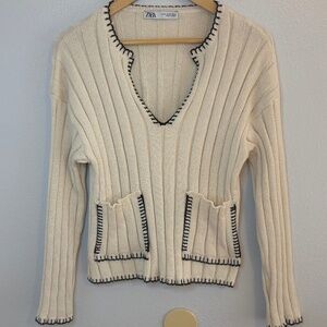 Zara Ecru Ivory Rib-knit Sweater with black contrast topstitching Size XS